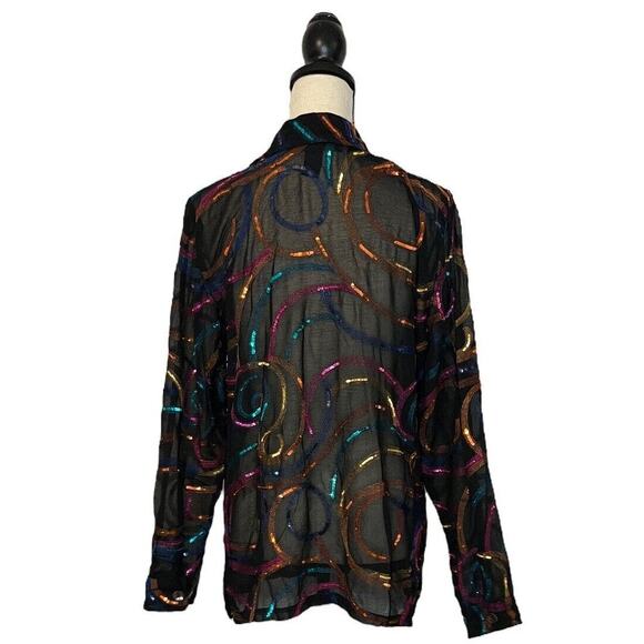 INDIGO MOON Tunic Top Women Black Medium Cotton Blouse Sheer with Sequins - Picture 4 of 6